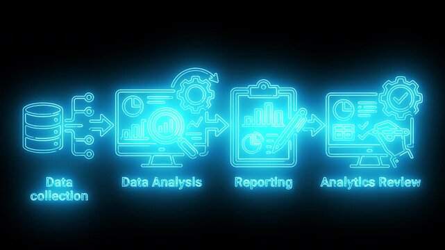 Blue neon data processing workflow showing monitor display chart data analysis document reporting and strategic inspection