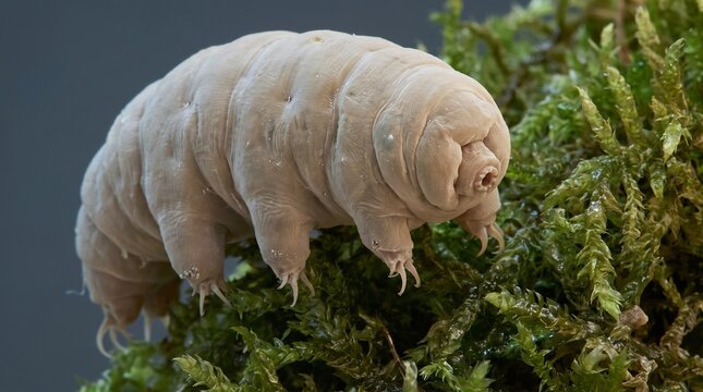 A close-up view of a tardigrade, also known as a water bear or moss piglet, walking on vibrant green moss with a blurred grey background.
