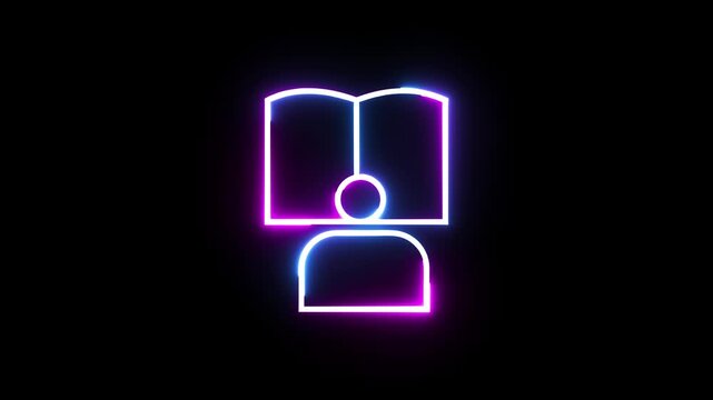 Minimal neon person reading book icon with glowing purple and blue colors on black backdrop.