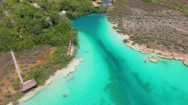 High-altitude drone view of Bonanza Lagoon in southern Bacalar, Mexico