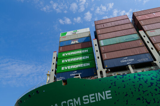Close-up of LNG container ship named CMA CGM Seine at container terminal of Port 2000 at French city of Le Havre on a summer day. Photo taken July 14th, 2026, Le Havre, Normandie, France.