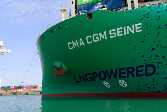 Close-up of LNG container ship named CMA CGM Seine at container terminal of Port 2000 at French city of Le Havre on a summer day. Photo taken July 14th, 2026, Le Havre, Normandie, France.