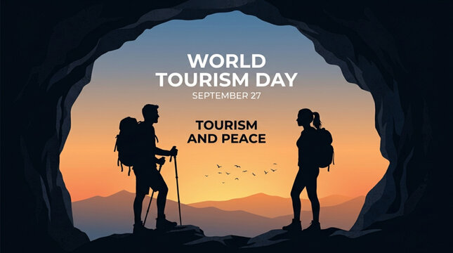 World Tourism Day Poster with Hiker Silhouettes and Mountains