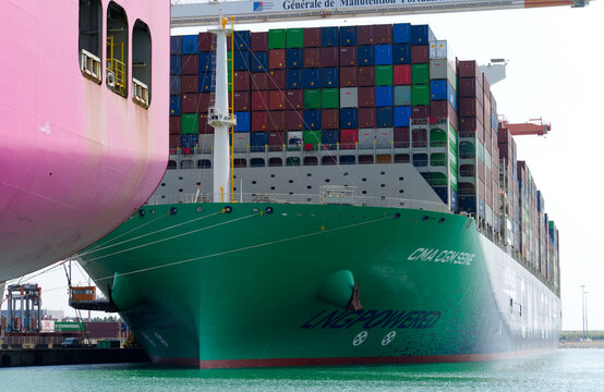 Close-up of LNG container ship named CMA CGM Seine at container terminal of Port 2000 at French city of Le Havre on a summer day. Photo taken July 14th, 2026, Le Havre, Normandie, France.