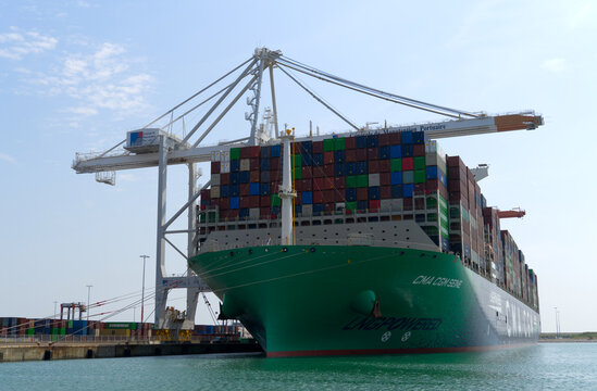 Close-up of LNG container ship named CMA CGM Seine at container terminal of Port 2000 at French city of Le Havre on a summer day. Photo taken July 14th, 2026, Le Havre, Normandie, France.