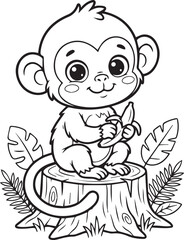 Fototapeta premium Cute cartoon baby monkey eating a banana while sitting on a tree stump isolated on transparent background