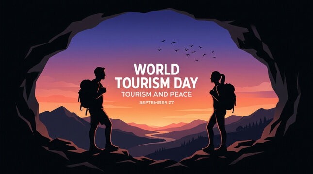 World Tourism Day Poster with Hikers at Sunset Silhouette