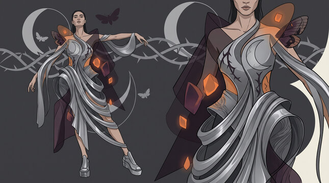Futuristic avant garde fashion illustration of a woman wearing a metallic draped dress with glowing amber crystals, thorns, and mystical moon motifs