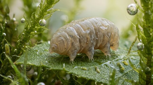 A detailed close-up of a tiny tardigrade, also known as a water bear, walking on vibrant green moss with glistening water droplets.