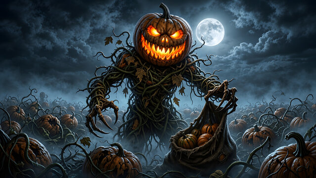 Scary pumpkin head monster harvesting pumpkins in a dark misty patch under a full moon at night. Dark fantasy atmospheric Halloween concept illustration.