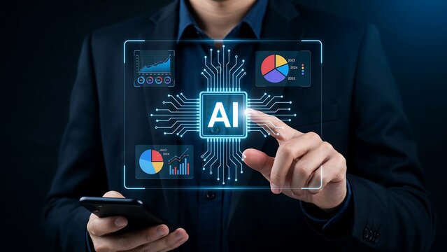Professional Businessman Interacting with Advanced Artificial Intelligence Digital Interface for Data Analysis and Digital Transformation Solutions