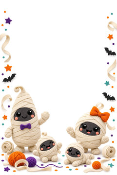 cute mummy Halloween party border with copy space on transparent backg