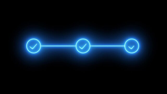 Neon 3 Step Infographic Process with Check Mark Icons, Step-by-Step Business Process Animation on Black Background