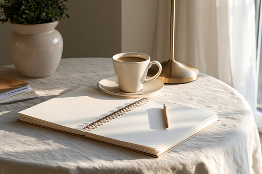 Sophisticated creative studio desk with blank sketch book coffee and notes highlighting brain fog mental block and quiet productivity
