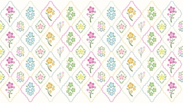 4k Footage animation of abstract retro scalloped floral geometric pattern with flowers blooming and and scallops shapes. repeating design. Vintage folk art style graphic featuring botanical elements. 