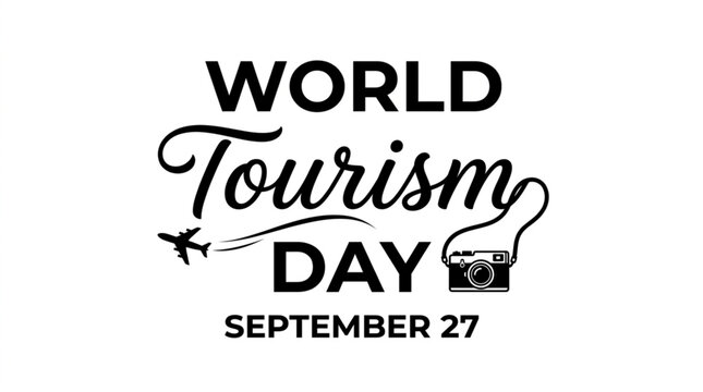 World Tourism Day Typography with Plane and Camera Vector