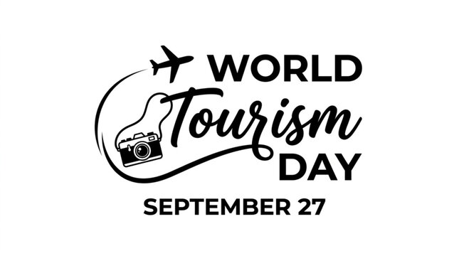 World Tourism Day Typography with Airplane and Camera Vector Graphic