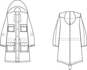 Technical fashion flat sketch of a hooded parka coat with utility pockets front and back view © MstMukchina