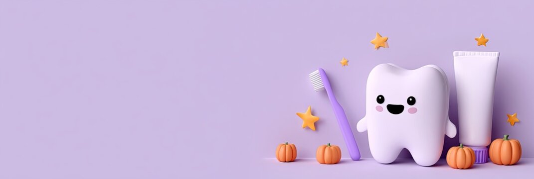 Spooky halloween dental care cute tooth character with dental products and decorations for kids oral health awareness