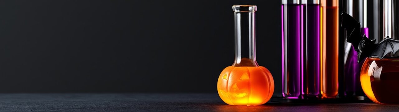 Halloween themed dental healthcare setup with spooky orange and purple liquid in laboratory glassware