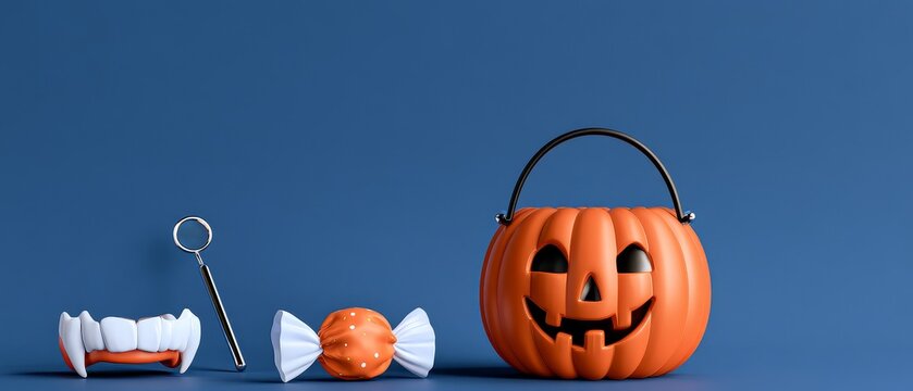 Halloween themed dental decorations featuring a pumpkin bucket filled with candy and teeth props for children's dental care