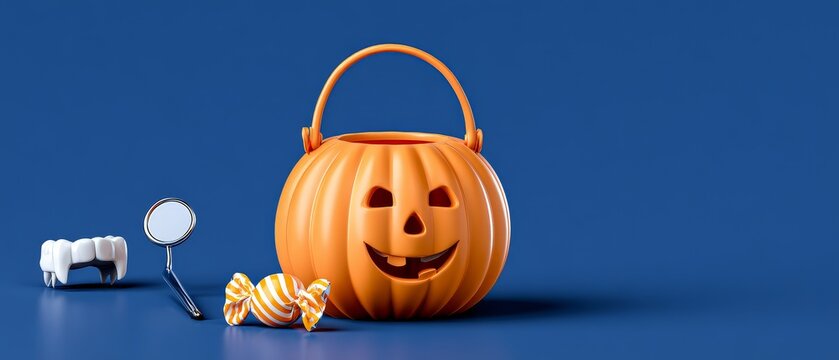 Halloween dental care theme with pumpkin bucket candy and dental tools for spooky healthcare campaigns