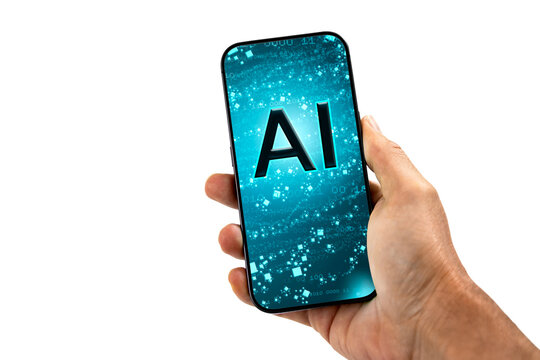 Hand holding smartphone with AI technology concept on screen