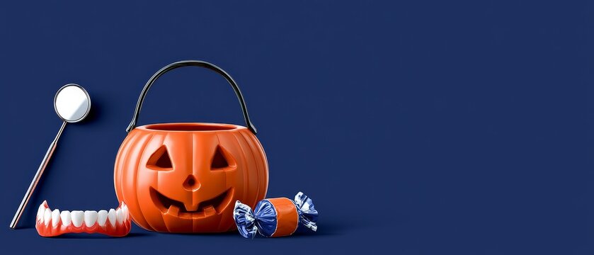 Spooky halloween dental theme with pumpkin basket and tooth care props for pediatric dentistry promotion