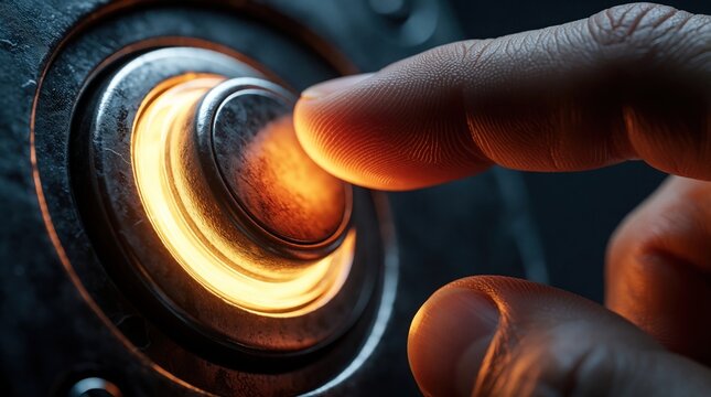 Finger presses glowing button on futuristic interface. Close up hand interacts with sci fi control panel activation. Technology start up, power on sequence begin.