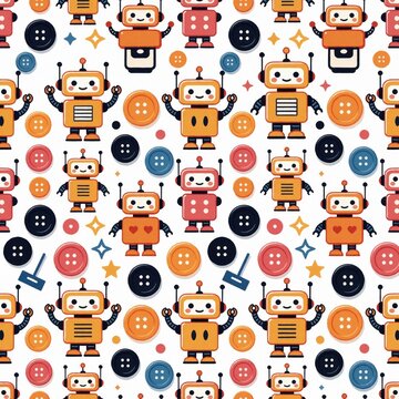 Cute seamless pattern with small friendly robots, colorful sewing buttons. Playful cartoon android characters repeat on white background. Fun whimsical tech illustration for kids textile design,