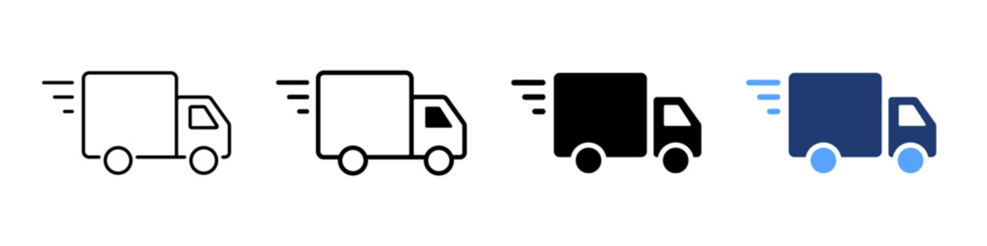 Fast truck icon. Speed and transportation symbol. Simple pictogram for express delivery, logistics, freight, shipping, cargo, trucking, transportation and commercial vehicle.