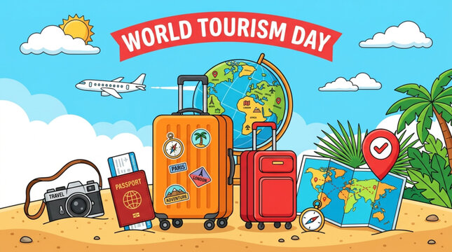 World Tourism Day Banner with Globe Suitcases and Travel Gear