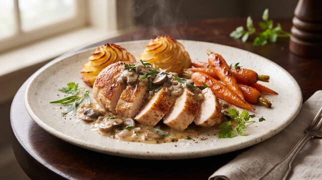 Seared Chicken Breast with Creamy Mushroom Mustard Sauce and Vegetables