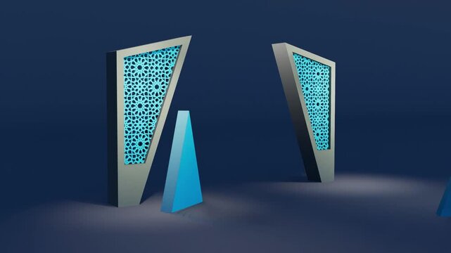 3D animation Islamic Arabic gate geometric ornament build phasing reveal arch lattice mashrabiya ramadan eid event stage decoration blue render loop
