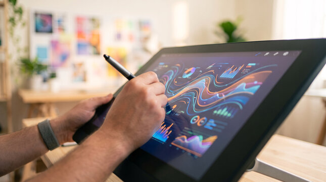 Graphic designer hands using stylus on digital drawing tablet for creative data visualization analytics and dashboard design in modern studio workspace for business innovation and marketing art decors