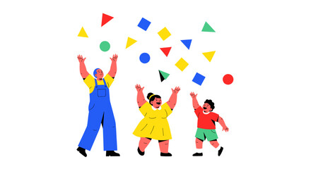 Fototapeta premium People throwing colorful shapes in air.