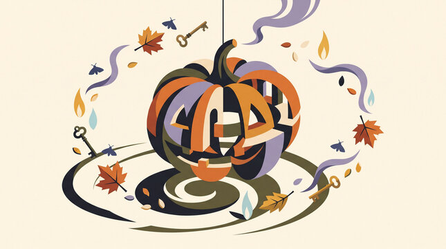 Surreal Halloween pumpkin vector illustration with autumn leaves skeleton keys and glowing magical smoke on cream background