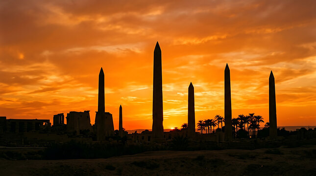 Ancient Egyptian obelisks silhouette against a dramatic golden orange sunset sky