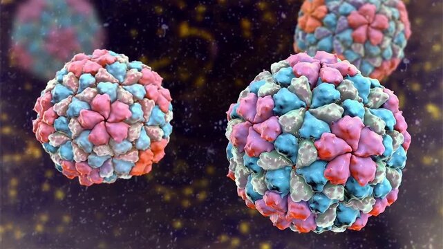 Astrovirus particles, 3D animation showing a viral gastroenteritis pathogen causing acute diarrhoea and vomiting, a common cause of paediatric enteric infection and outbreaks.