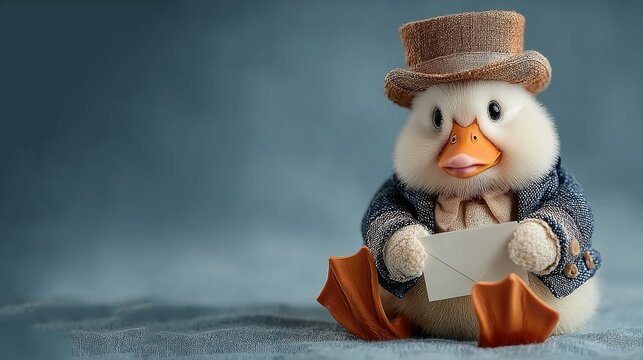 A fluffy anthropomorphic duck wears a tweed top hat and formal suit, holding a white envelope, seated against a soft muted blue-gray fabric background.

