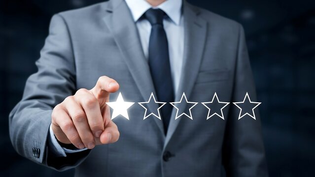 Professional Businessman Touching A Single Glowing Star Icon Representing Low Performance Rating And Customer Feedback Analysis