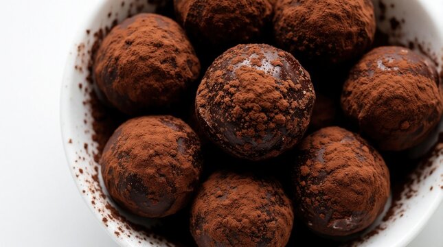 Delicious dark chocolate truffles in white ceramic bowl. Top down view of handmade cocoa dusted sweets. Rich gourmet confectionery dessert with tasty texture. Tasty chocolate treats for snack luxury