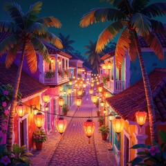 Fototapeta premium Colorful tropical town street at night. Lanterns and palm trees illuminate buildings. Cobblestone path leads through festive, vibrant, exotic destination for vacation.