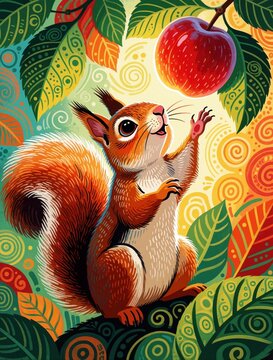 Cute squirrel reaches for ripe apple amidst colorful foliage. Illustration features playful animal, vibrant leaves, and cartoonish patterns. Captures autumn harvest joy and nature.