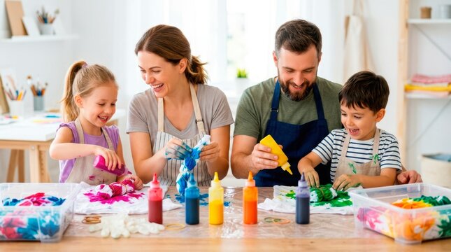 Happy family enjoying creative time together. They are making vibrant tie-dye patterns on t-shirts using colorful dye bottles.