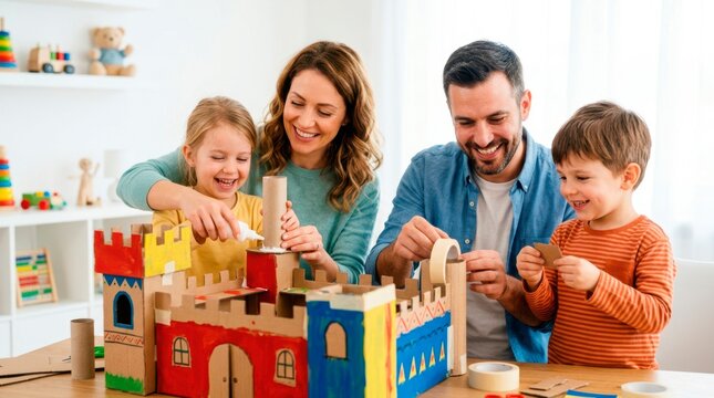 Happy family enjoying creative time together. Parents and children are constructing a large toy castle out of painted cardboard.