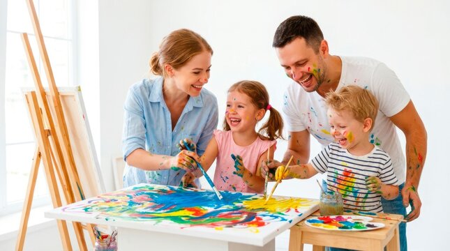 Happy family enjoying creative time together. The parents and kids are painting a colorful abstract artwork on a large canvas.