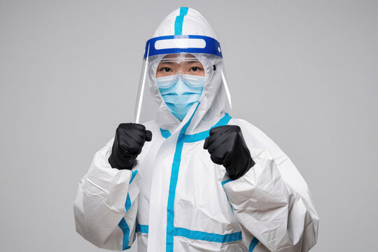Person in a white protective suit with blue stripes stands in a defensive stance on a grey field. Wears a full-face shield and a surgical mask, ready for health protocols.