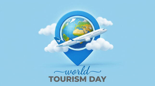 World Tourism Day Illustration with Airplane Globe and Map Pin