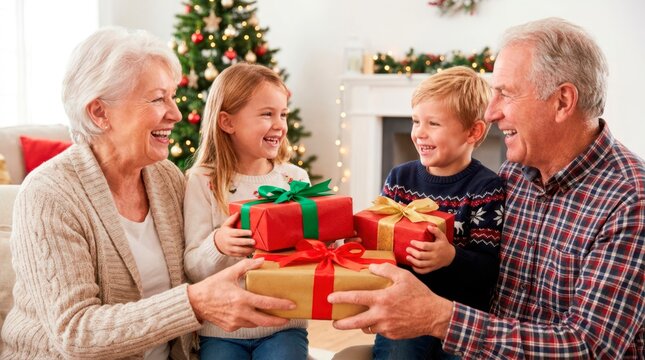 A joyful multi-generational family celebrates Christmas together. All four family members hold multiple gifts and share a hearty group laugh.